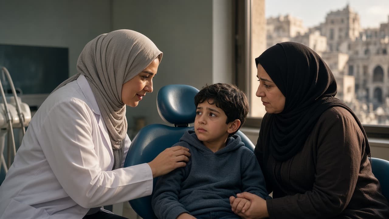 طبيبة أسنان تطمئن طفلاً على الكرسي